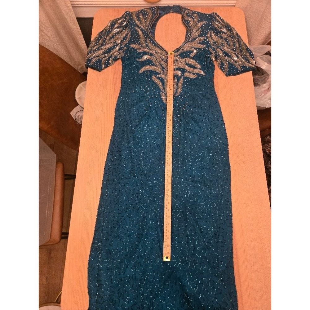 Vintage Silk Beaded Sequin Maxi Dress Teal Gold Keyhole Back Evening Gown Size L - Picture 10 of 13